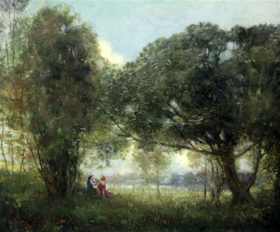 William George Robb (1872-1940) Figures seated beneath trees in a landscape, 25 x 30in.